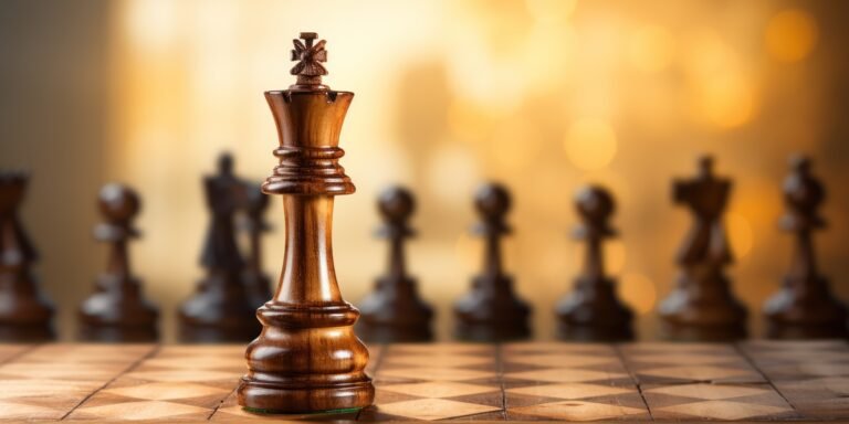 Chess piece in the foreground, with the board in the back